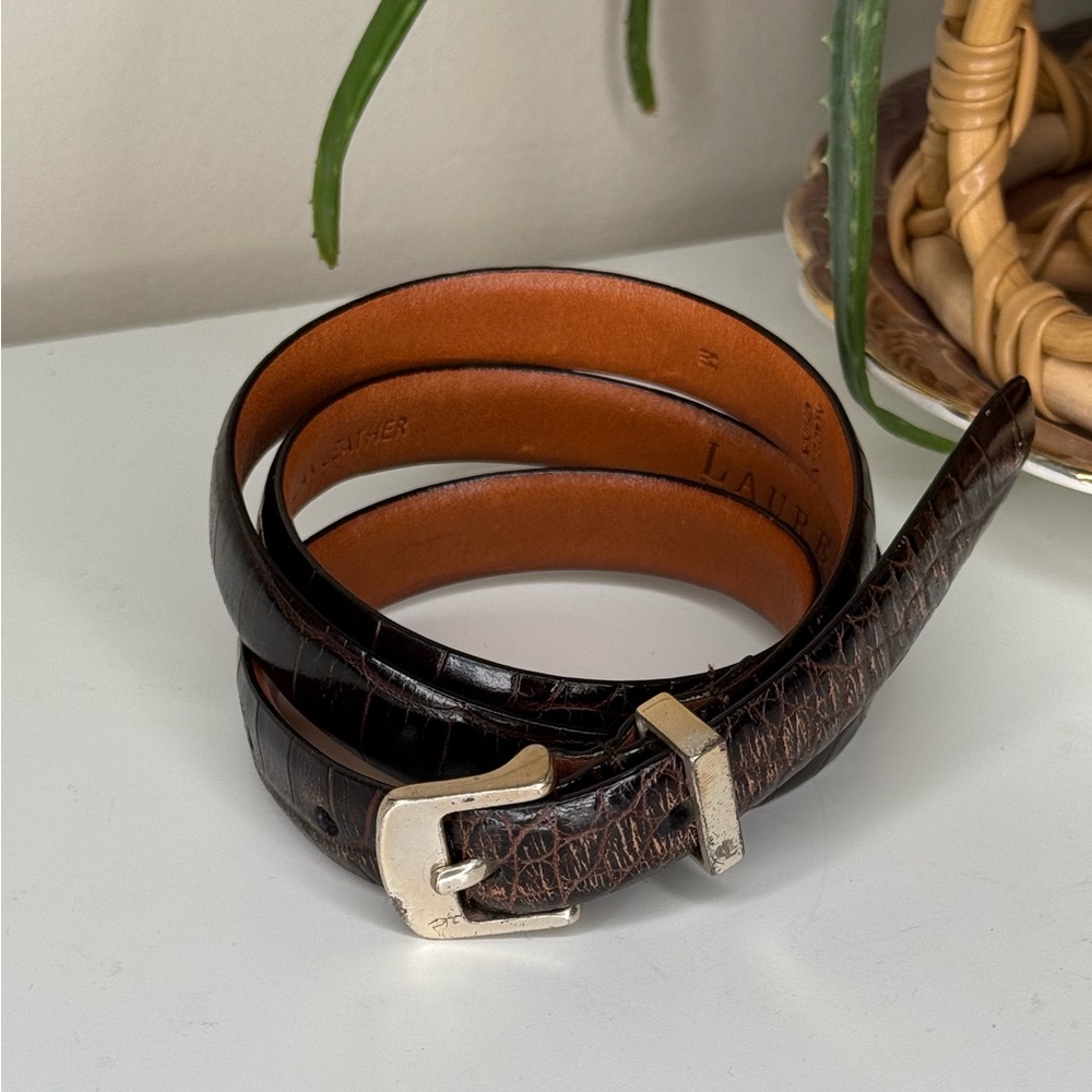 Ralph Lauren Italian Leather Croc Embossed Belt Solid Brass Buckle Brown 36” M